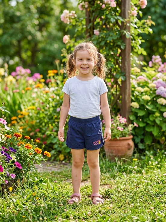 Other - Girls Navy Elastic-Waist Casual Shorts with Embroidered Detail